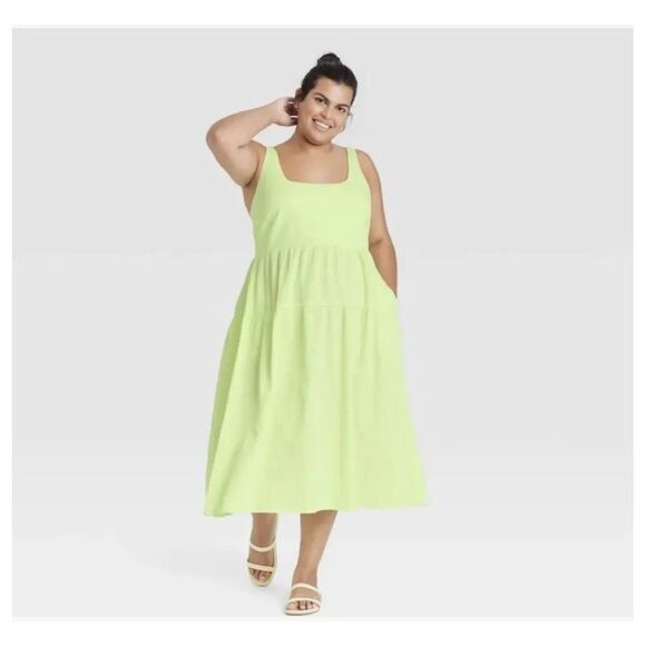 Women's Plus Size Sleeveless Tie Back Tiered Dress Pockets Ava &
Viv Green  size - Picture 1 of 4